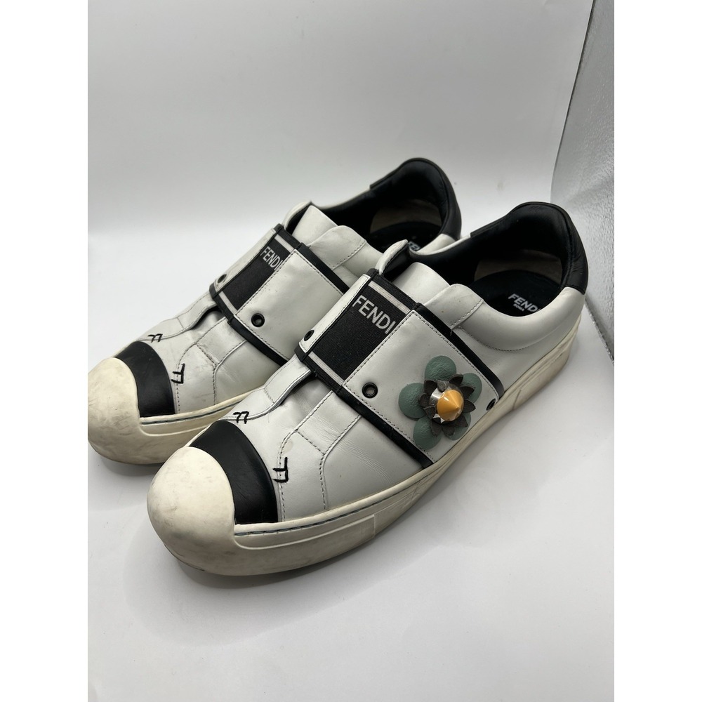 Fendi White Black Leather Flower Strap Sneakers Women's EU 40 Made Italy